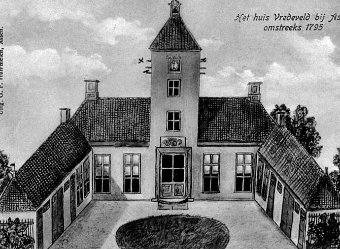 tekening-van-havezate-Vredeveld-later-Valkenstijn-genoemd-en-na-1952-adres-Amelte-2-te-Assen.-De-zijvleugels-en-de-toren-zijn-tussen-1834-en-1842-afgebroken